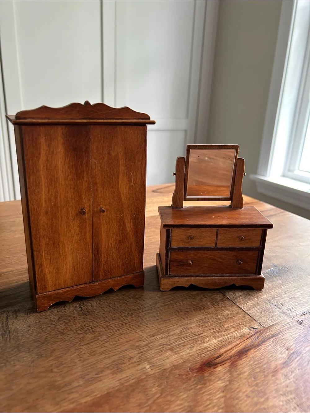 Vtg Wooden Wardrobe & Dresser Set, Lot of 2, Dollhouse Furniture